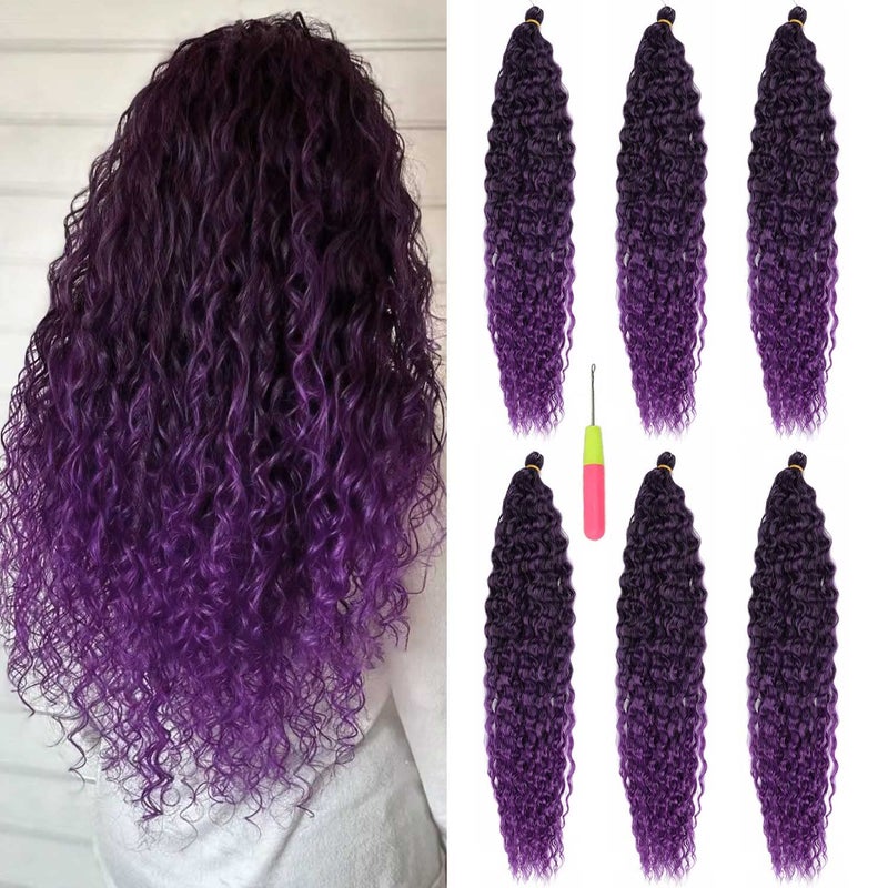 Purple Ocean Wave Crochet Hair 22inch Ombre Deep Wave Hair 6Packs Synthetic Curly Braiding Crochet Hair for Women 1BT Purple